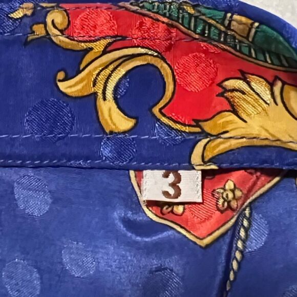 VTG Pierre Balmain Paris Royal Blue Printed Silk ButtonDown Long Sleeve Top Sz 3 - Picture 5 of 9